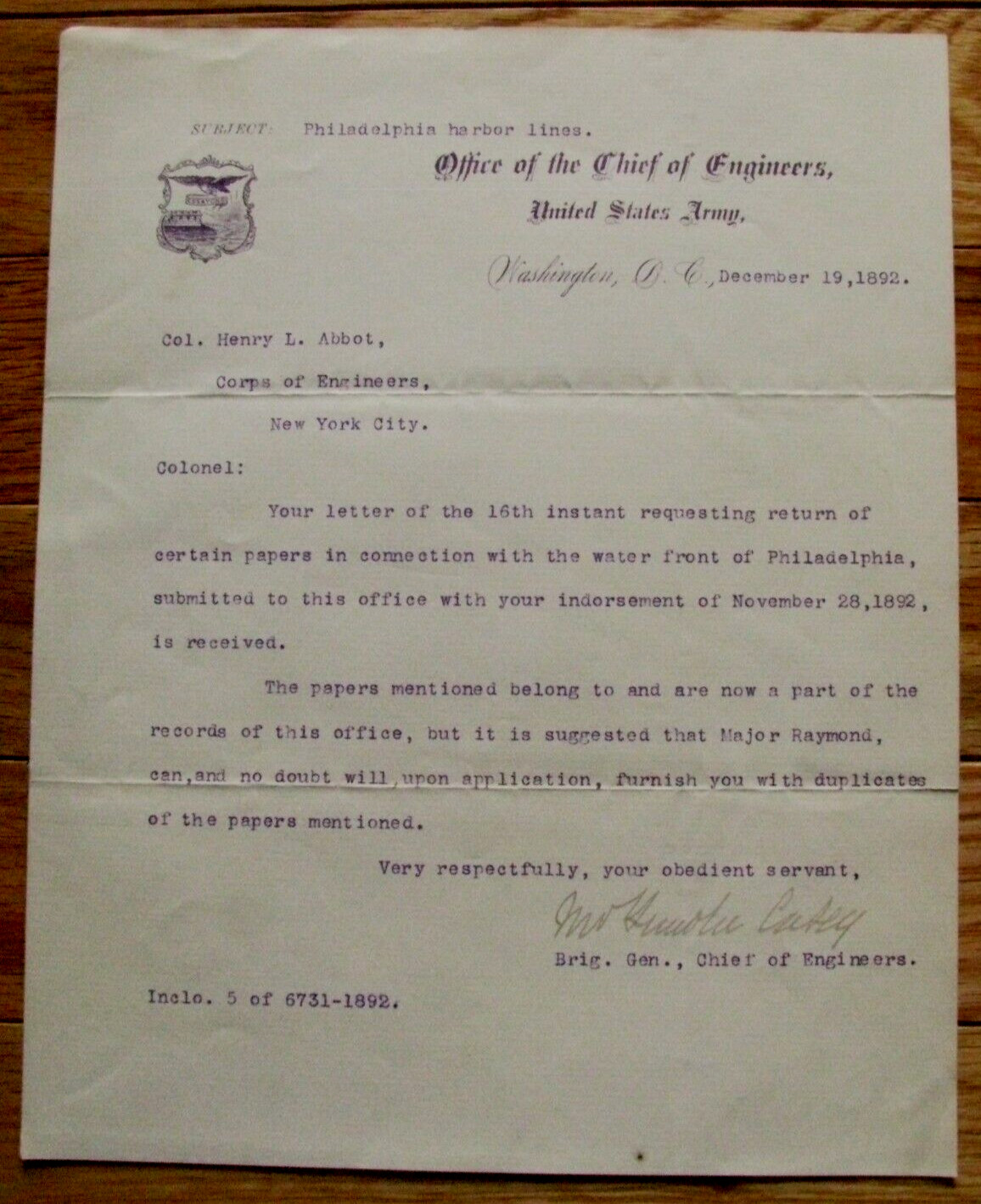 US ARMY ENGINEERS GENERAL THOMAS LINCOLN CASEY LETTER 1892