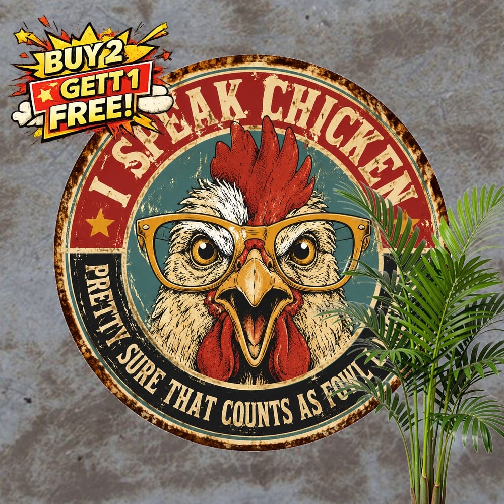 Chicken Fowl Language Funny Farm Quote Round Metal Tin Sign Decor 8x8
