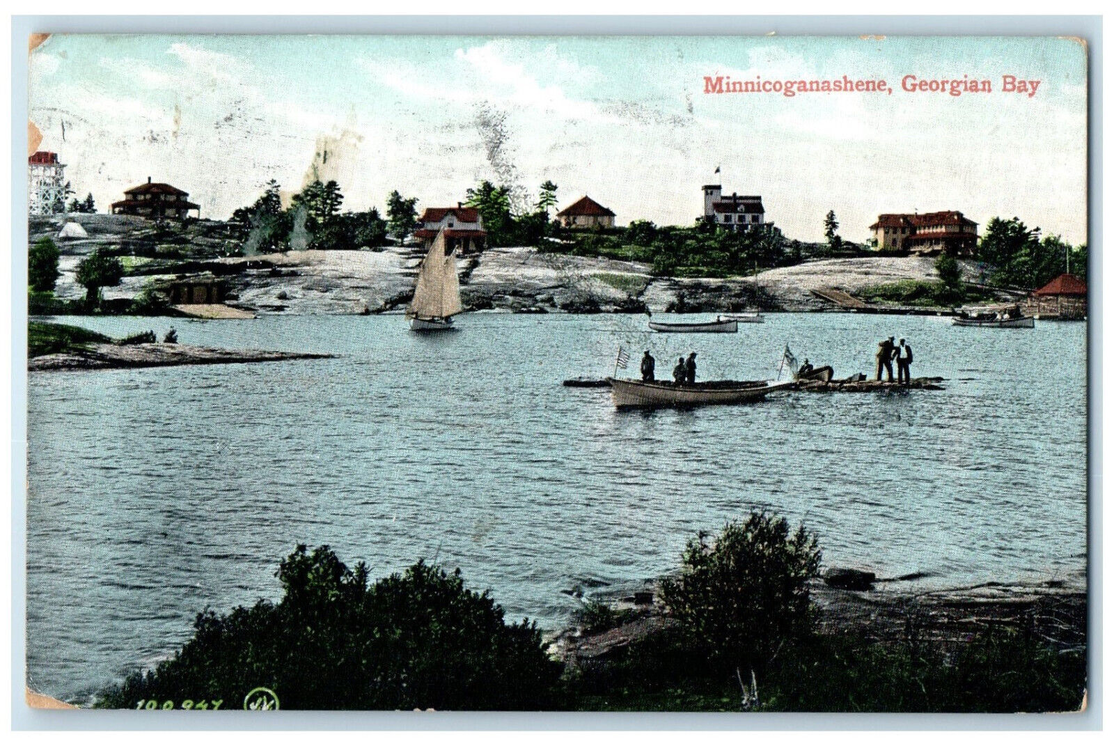 1909 Boat Canoeing at Minnicoganashene Georgian Bay Ontario Canada Postcard