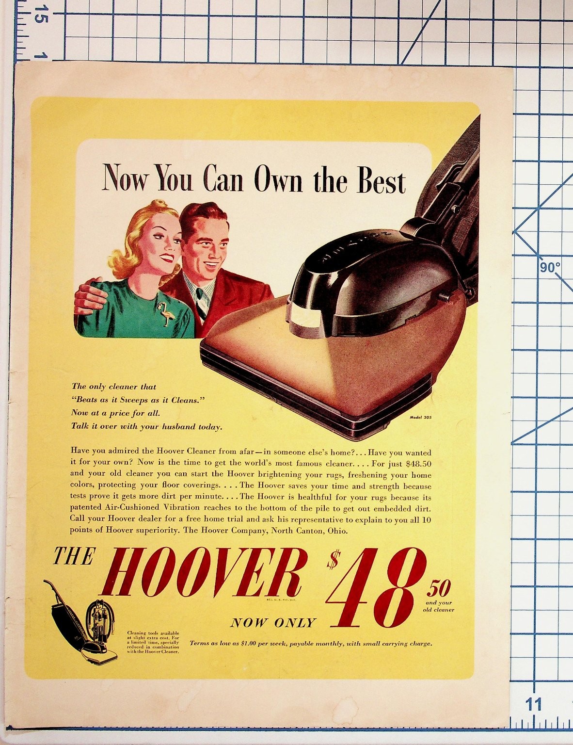Hoover Vacuum Cleaner Vintage Ad 1940s 1950s Ephemera Model 305 North Canton OH