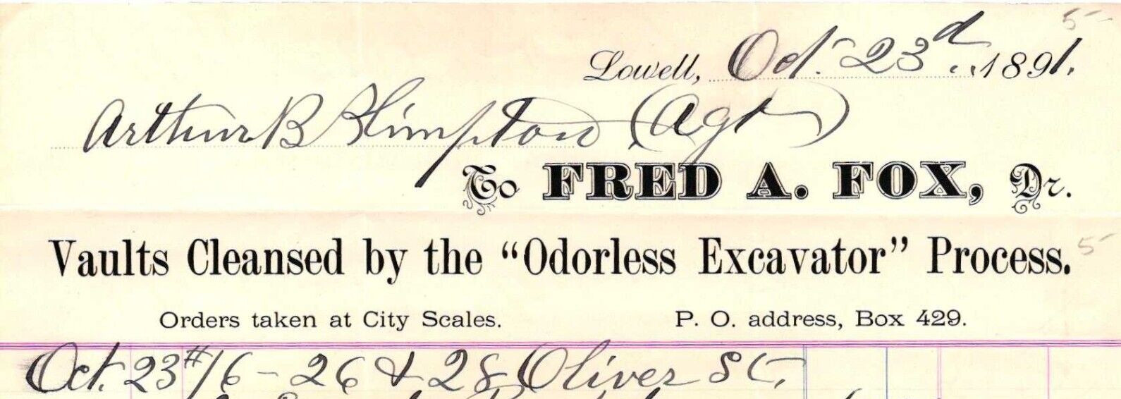 Vintage BILLHEAD*1891 FRED FOX*Vaults Cleansed Oderless Excavator*Lowell MA (O20