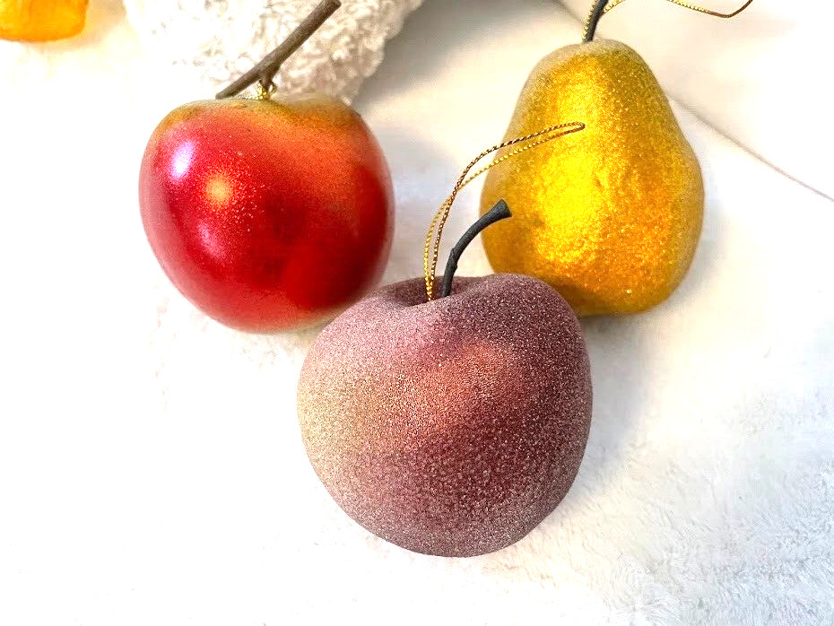 3 Shiny SUGAR COATED Fruit Christmas ornament lot Pear Apple PLUM 4\