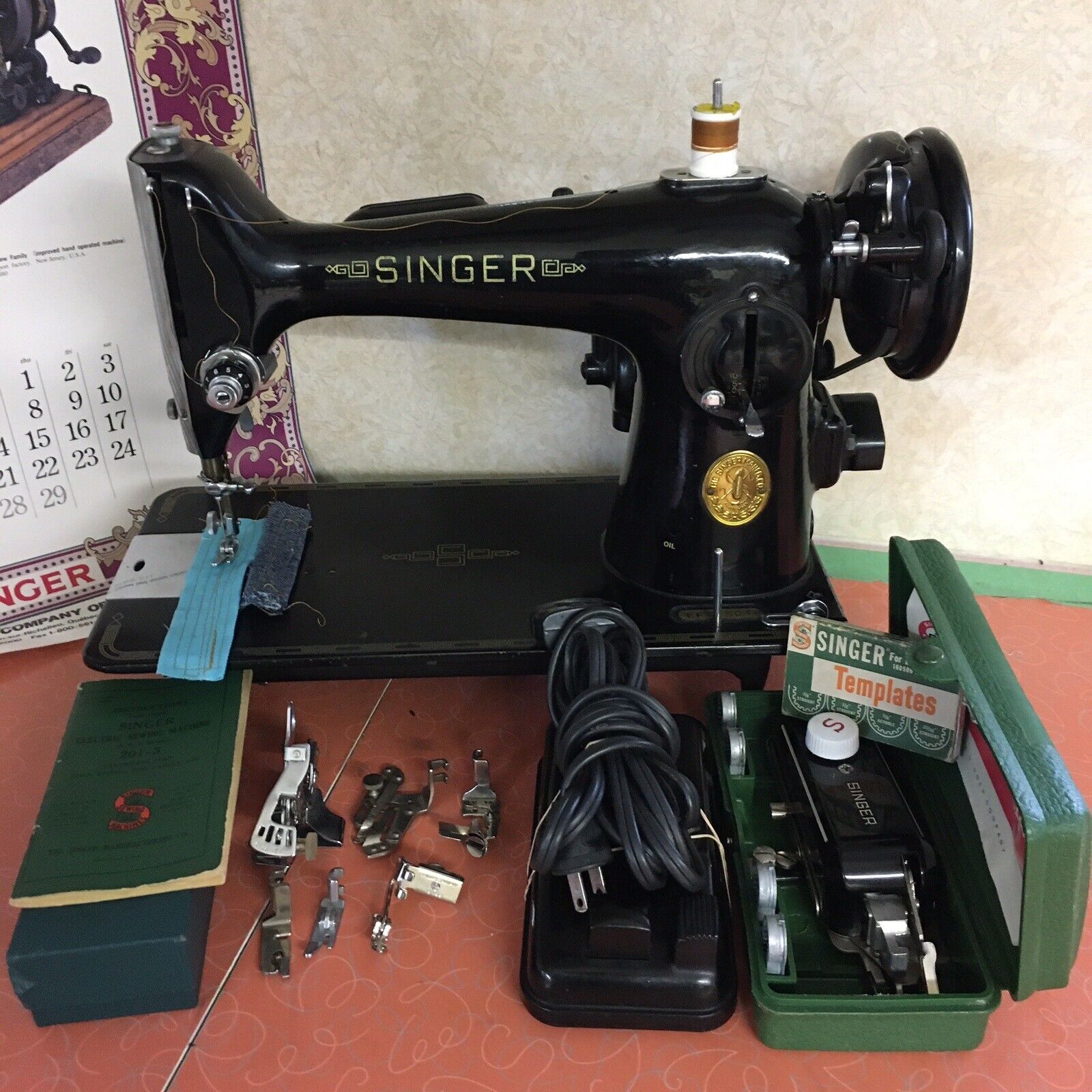 Singer Sewing Machine 201 #EF545049 w/Attachment And Buttonholer Sew Perfect A+