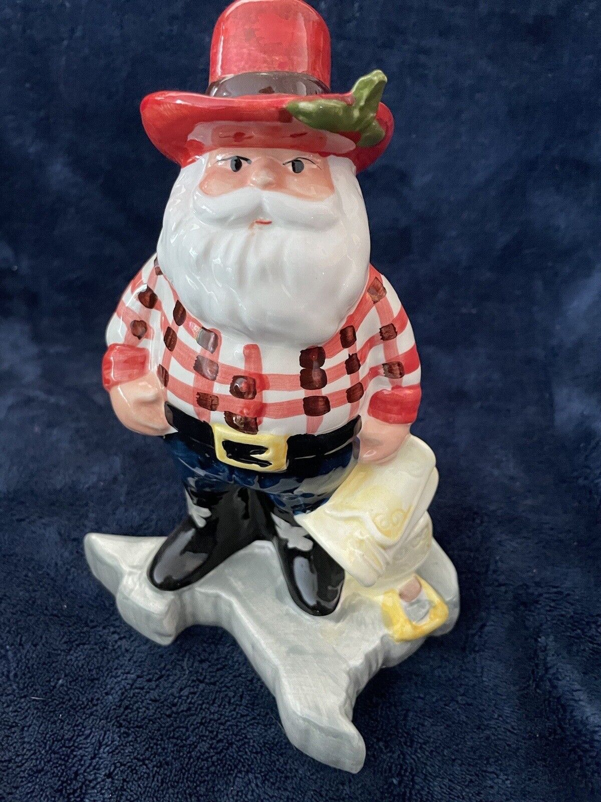 Vintage - Texas Christmas Santa Figurine w/box 8”  mtd. on State of Texas Base.