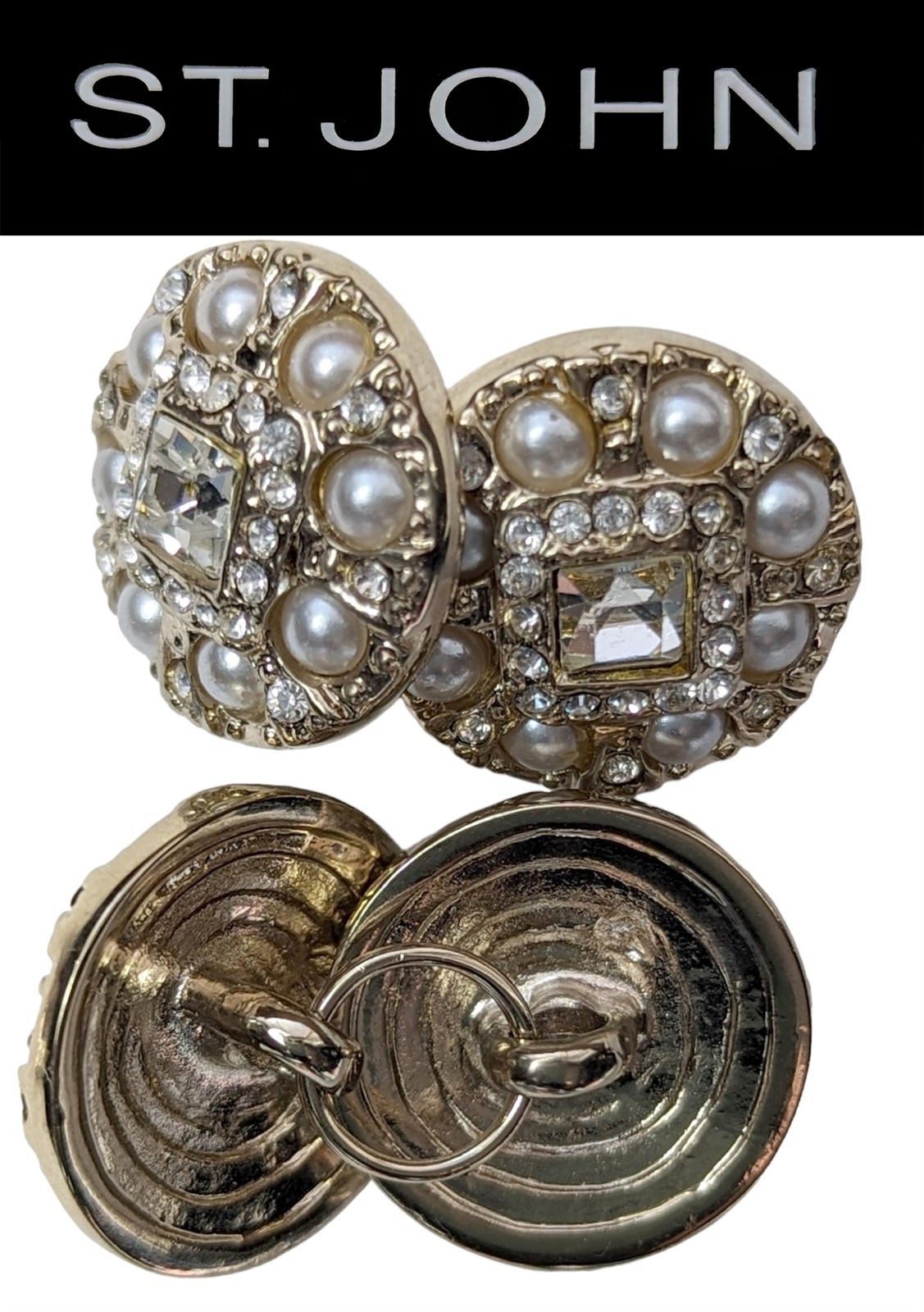 St John Knits Soft Gold Tone Faux Pearl Crystal Linked Double Sided Buttons