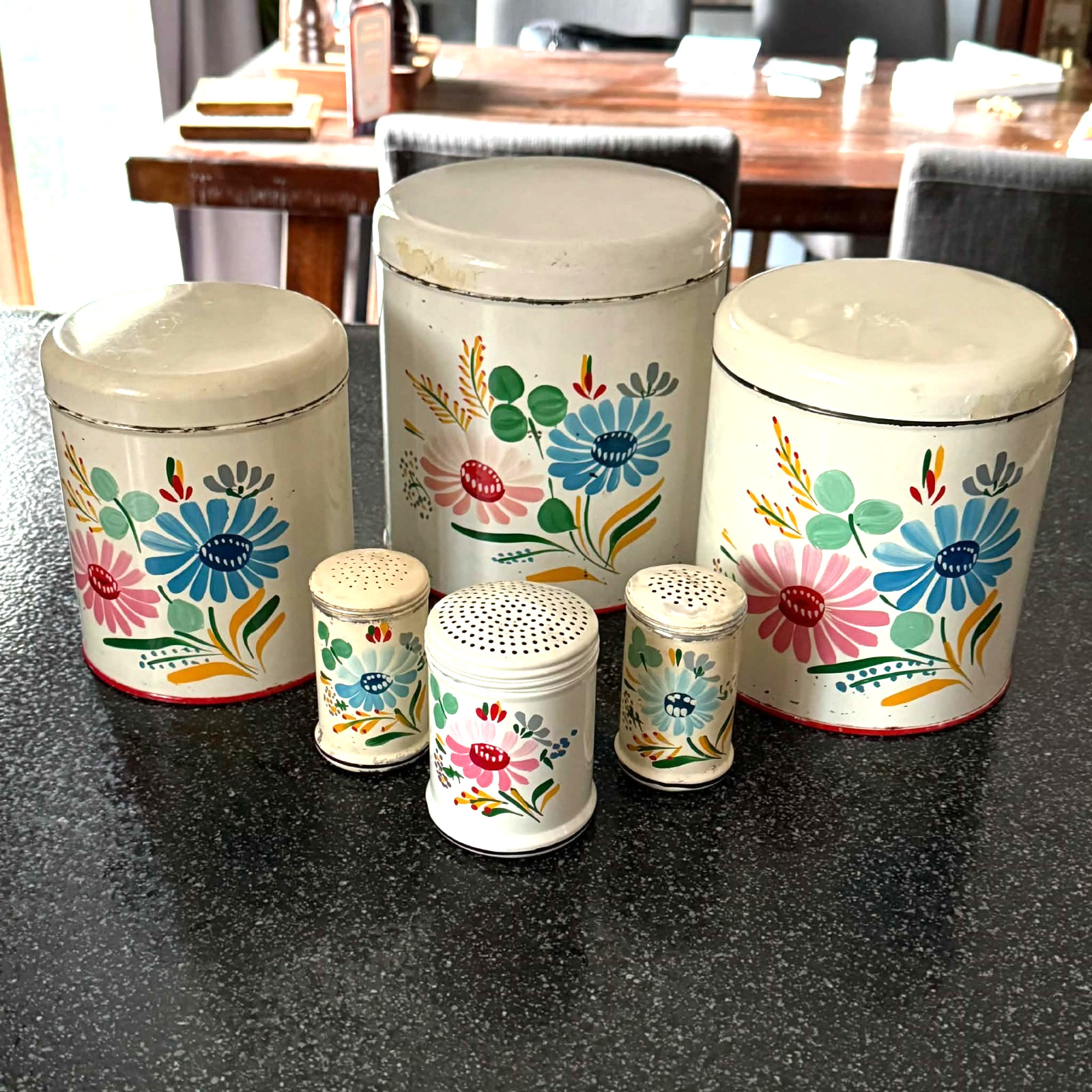 VTG Ransburg Hand Painted Canister Shaker Set 6pc Kitchen Bouquet Patina Craft