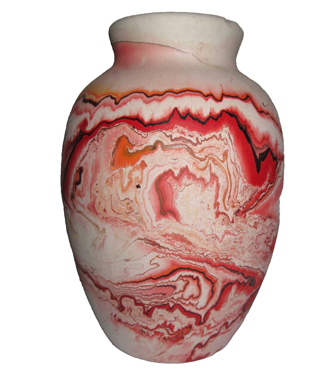 Nemadji Vase Urn Pottery Red Marbled Pattern with Orange/Black  7\