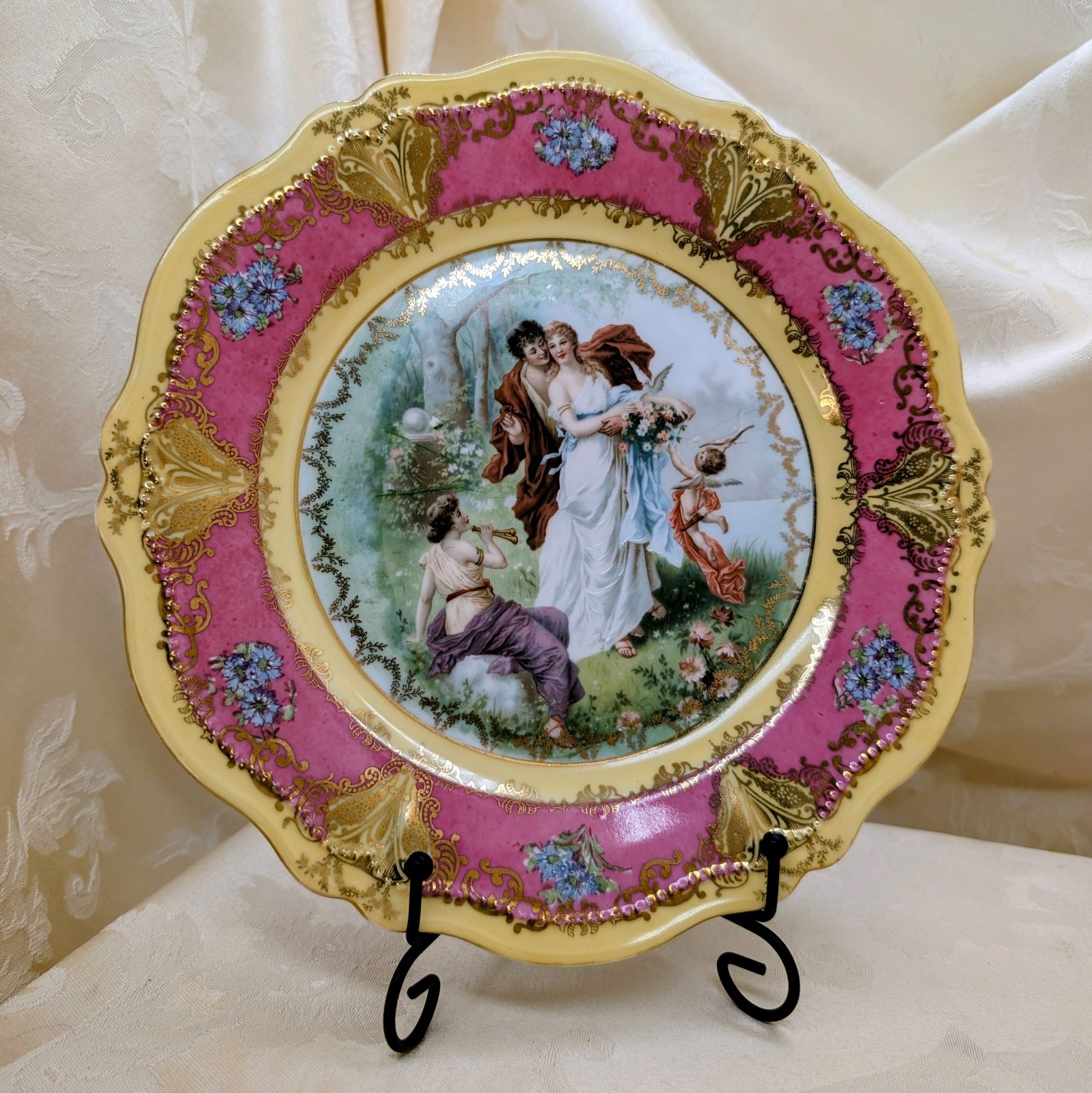 Vintage O&EG Royal Austria Plate Lovers Cherub Portrait Pink Gold Hand Painted