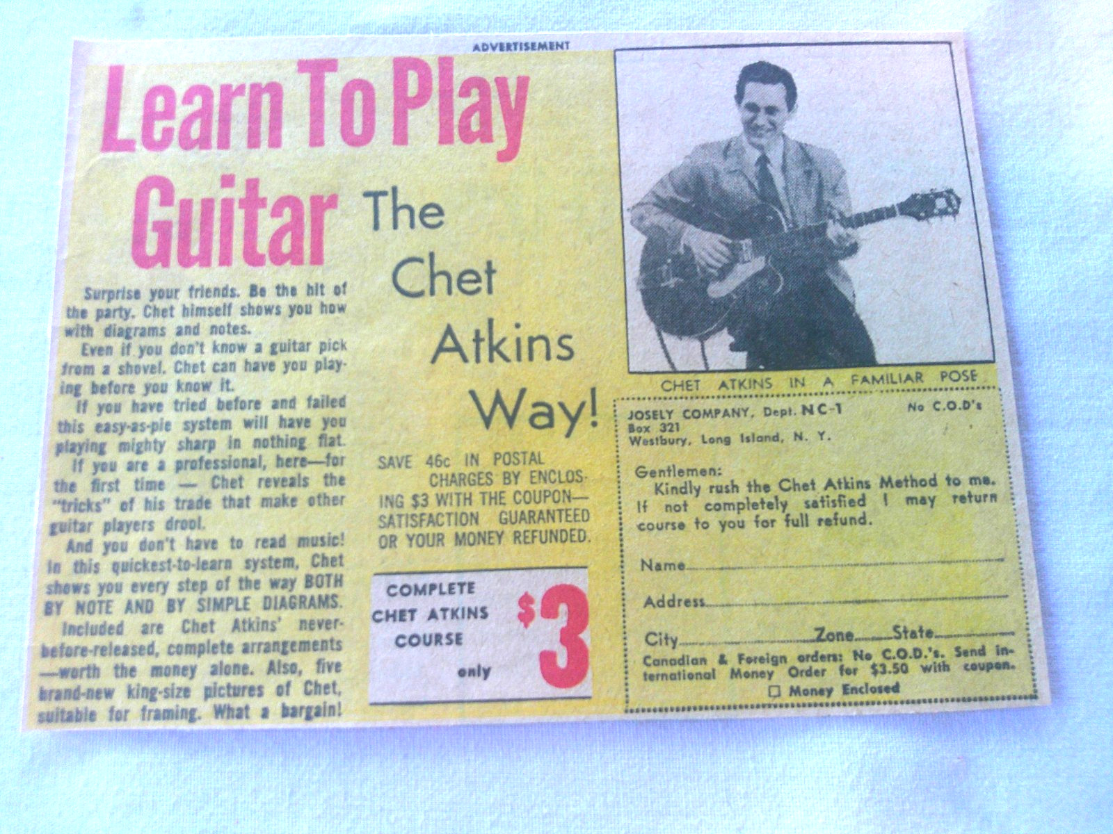 1962 Mail Order Ad Learn to Play the Guitar Chet Atkins Way