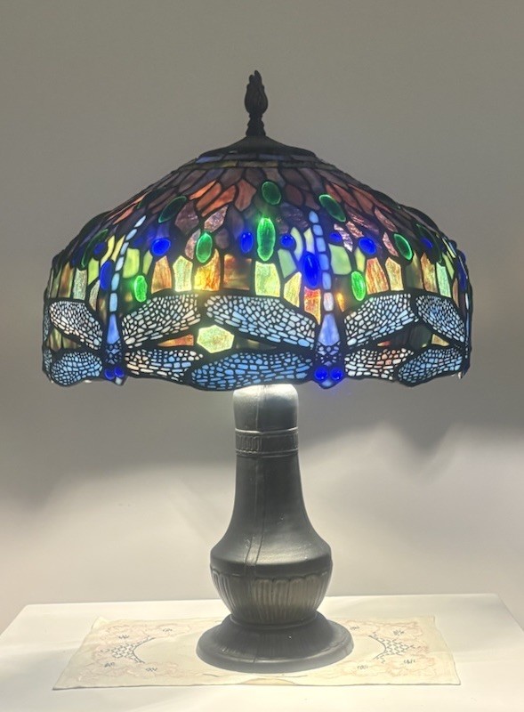 Antique 24” Rainaud Lamp With Stained Glass Dragonfly Lamp Shade Antique 24” Rainaud Lamp With Stained Glass Dragonfly Lamp Shade