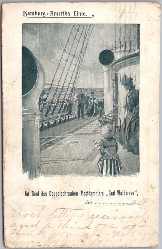 Vintage 1907 HAMBURG-AMERICA LINE Postcard S.S. GRAF WALDERSEE / Deck Scene