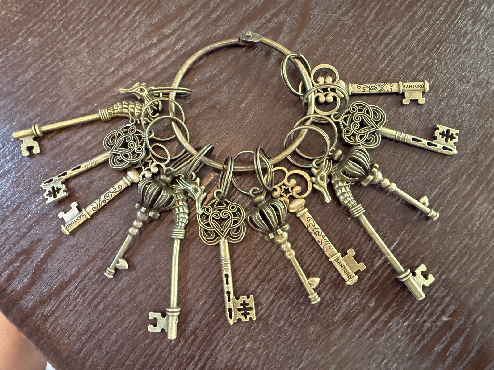 Set of 12 Large Skeleton Keys On A Big Ring Antique Brass Tone Renaissance Prop
