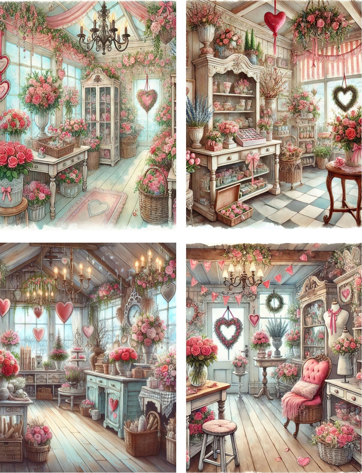 8 Valentine Shabby Chic shop flowers candy glossy fold out card with envelopes