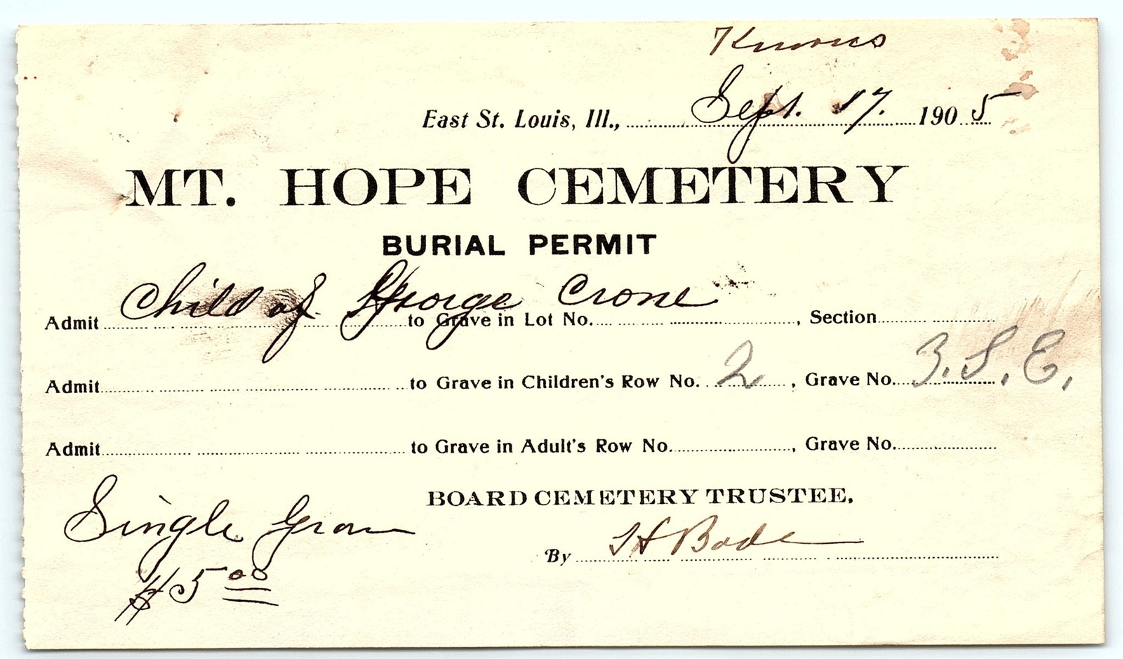 1905 Mt. Hope Cemetery Burial Permit East St. Louis IL