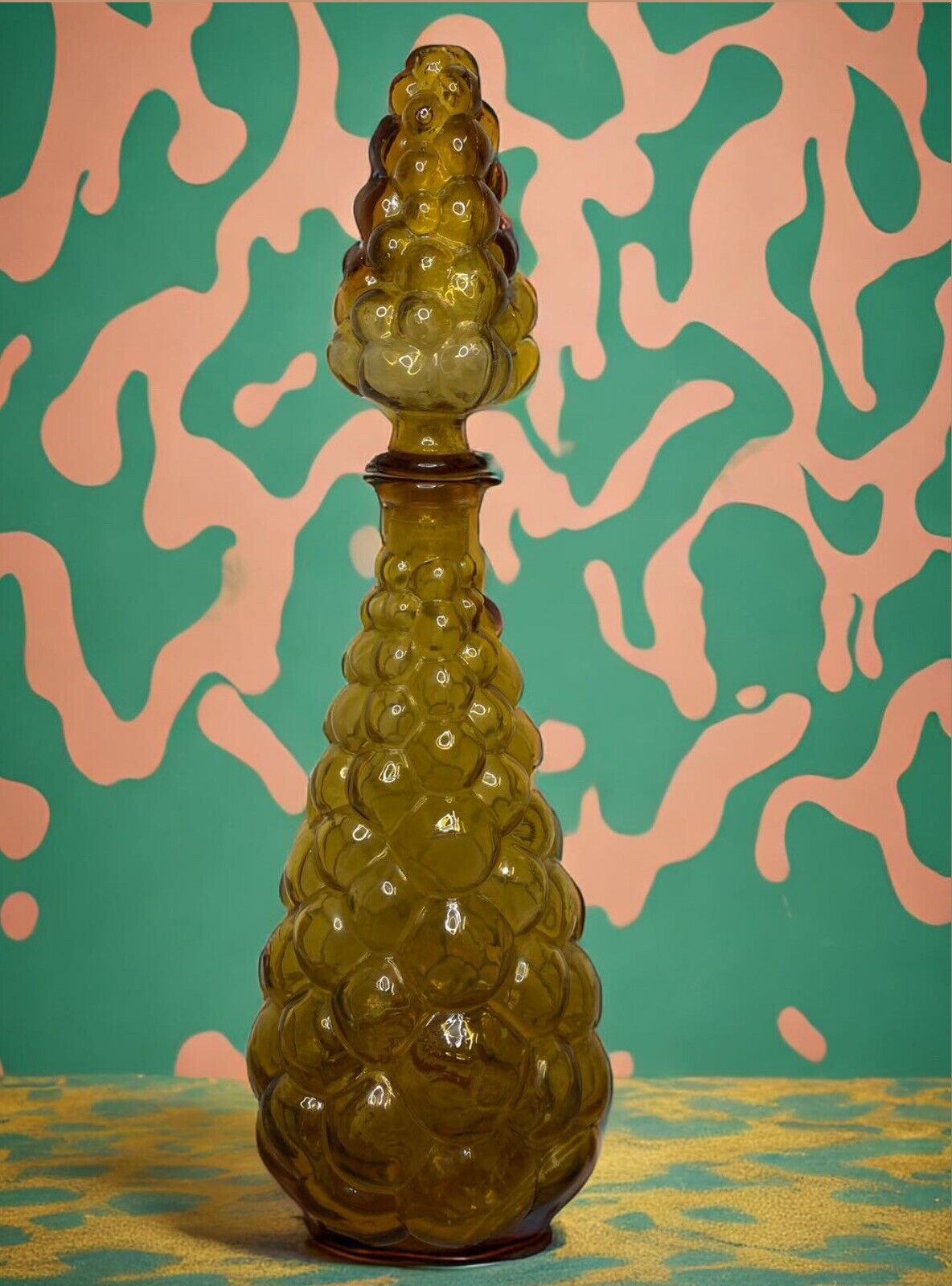Mid-Century Modern Vintage Large 1960s Italian Empoli Amber Bubble Genie Bottle
