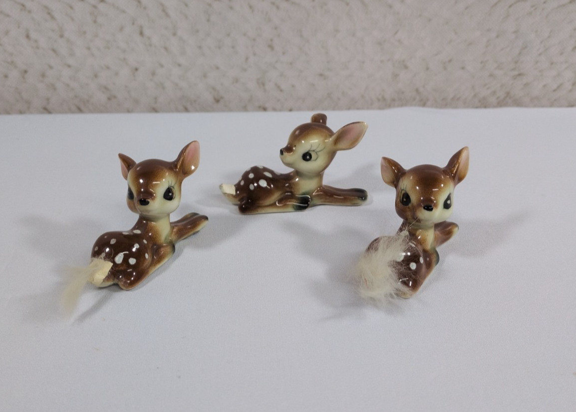 Vintage 1950's 3pc Japan Porcelain Small Deer Fawn Figurines Fur Tail 3