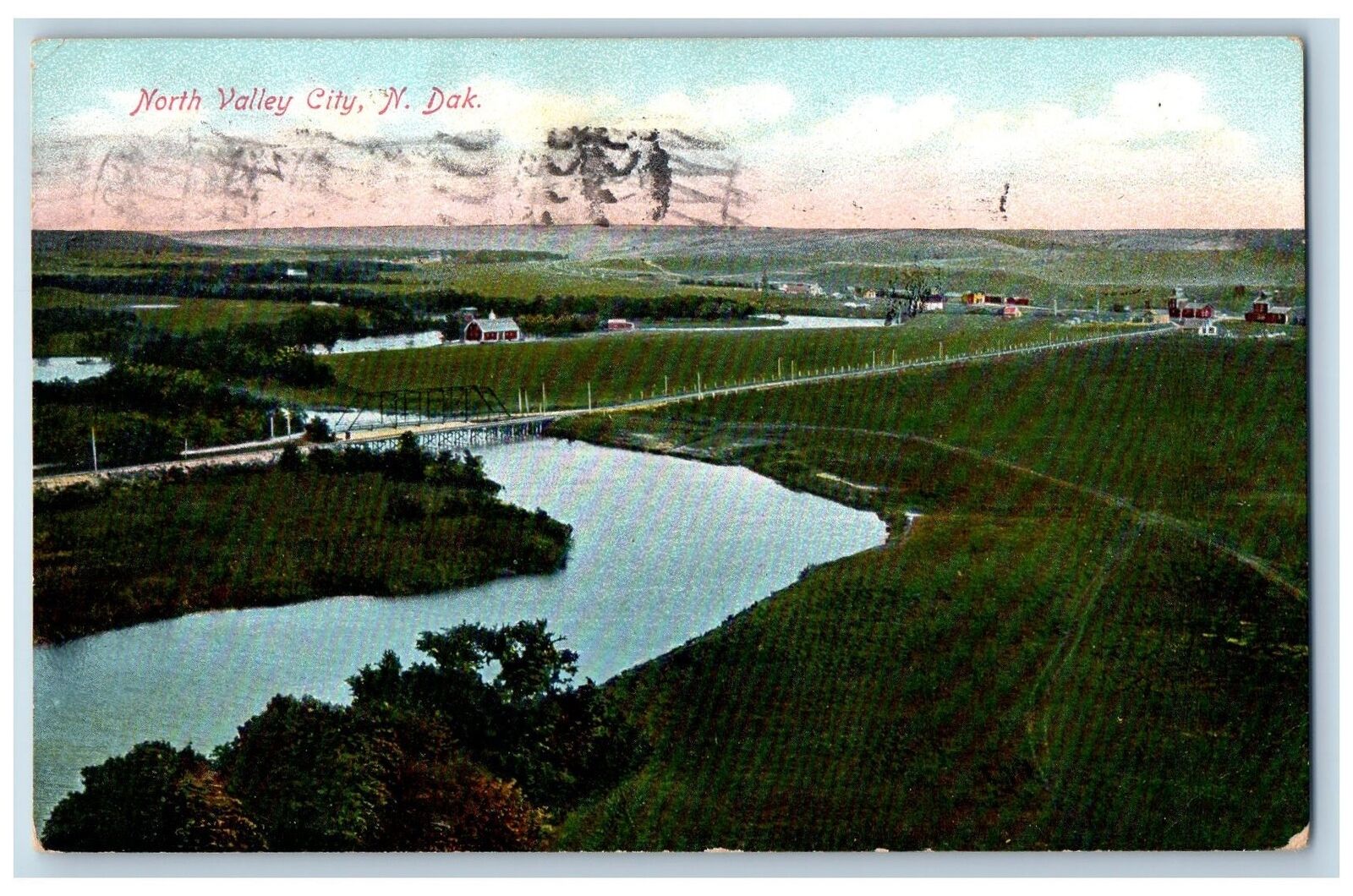 North Valley City North Dakota ND Postcard Aerial View Of Bridge 1909 Antique