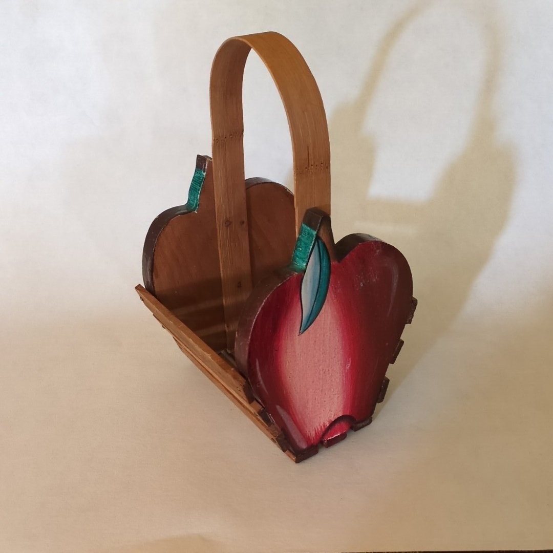 Vintage 1990s New Holland Floral Wood Apple Basket Farmhouse CottageCore Rustic