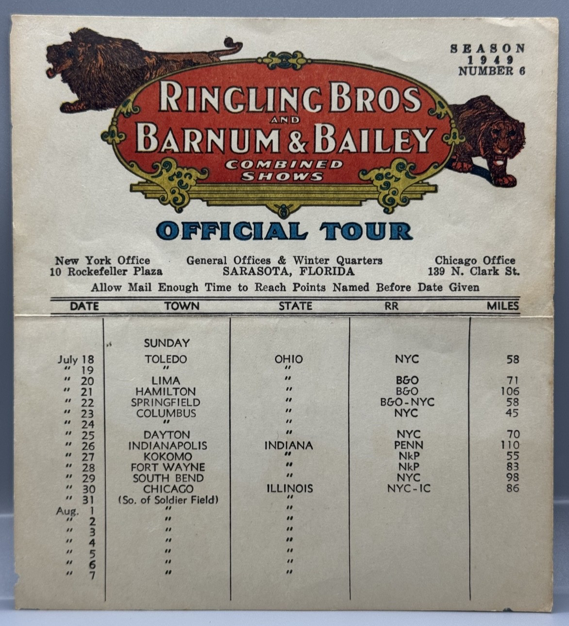 Vintage Ringling Brothers 1949 Card Official Tour Flyer Combined Shows Barnum Ba
