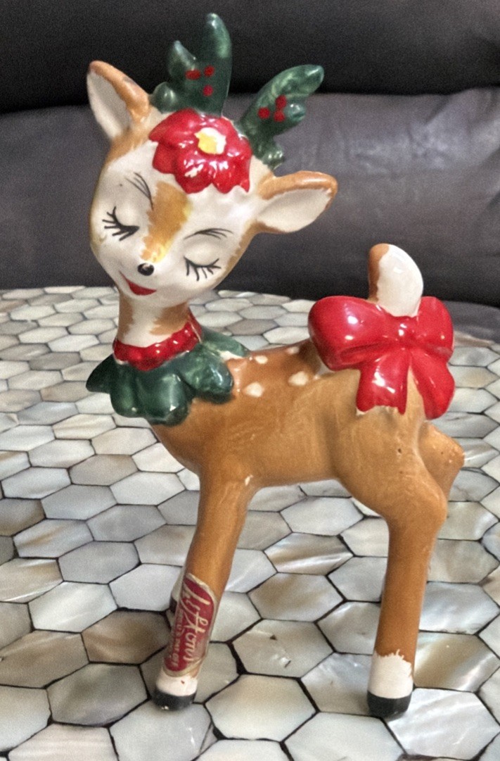 Vintage Lefton Ceramic Christmas Holly Winking Reindeer 