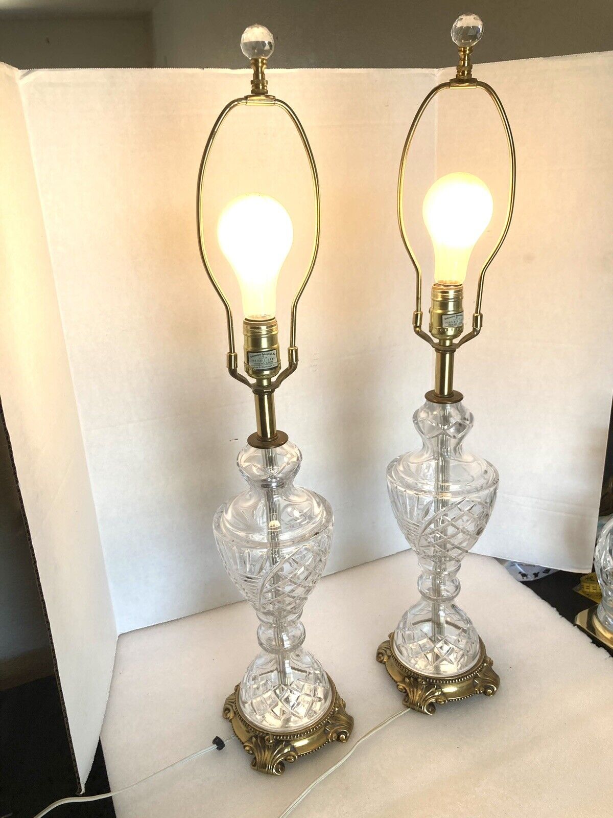 Pair Crystal Tuscan Style Table Lamps Brass Base By Safran & Glucksman Co