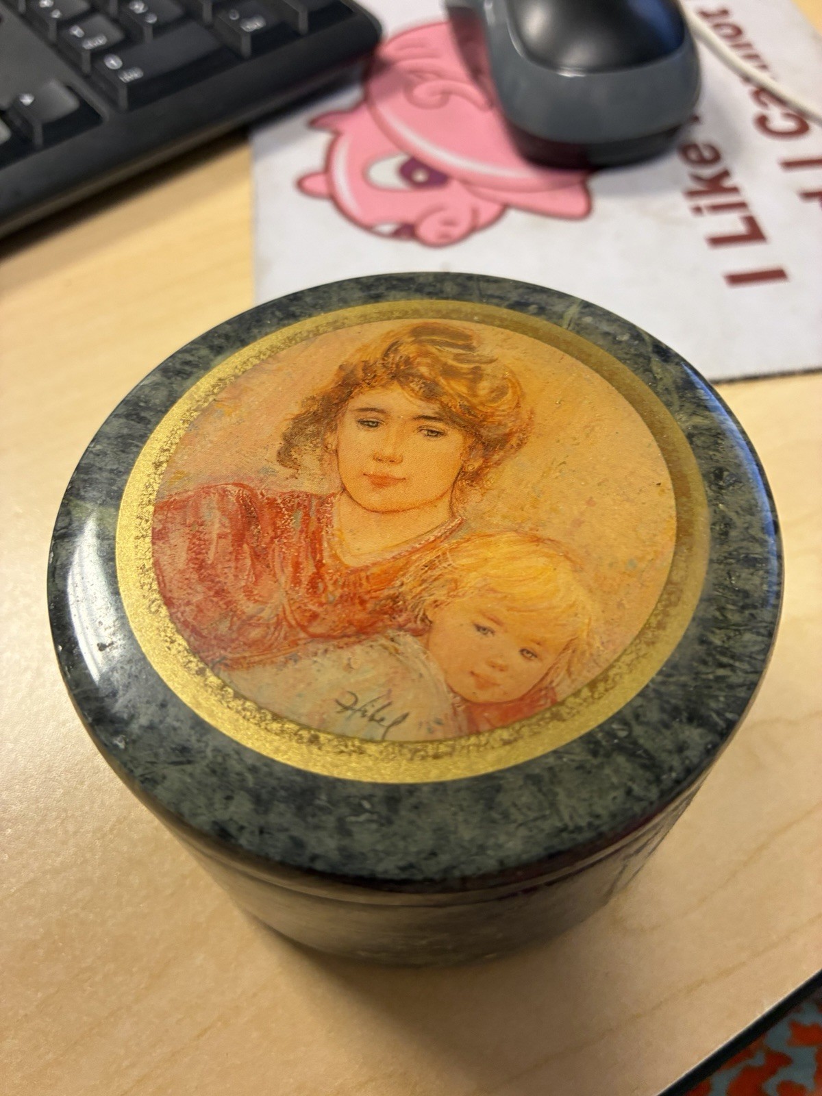 Vintage Edna Hibel Green Marble Trinket Box Mother Child Portrait Signed Lid