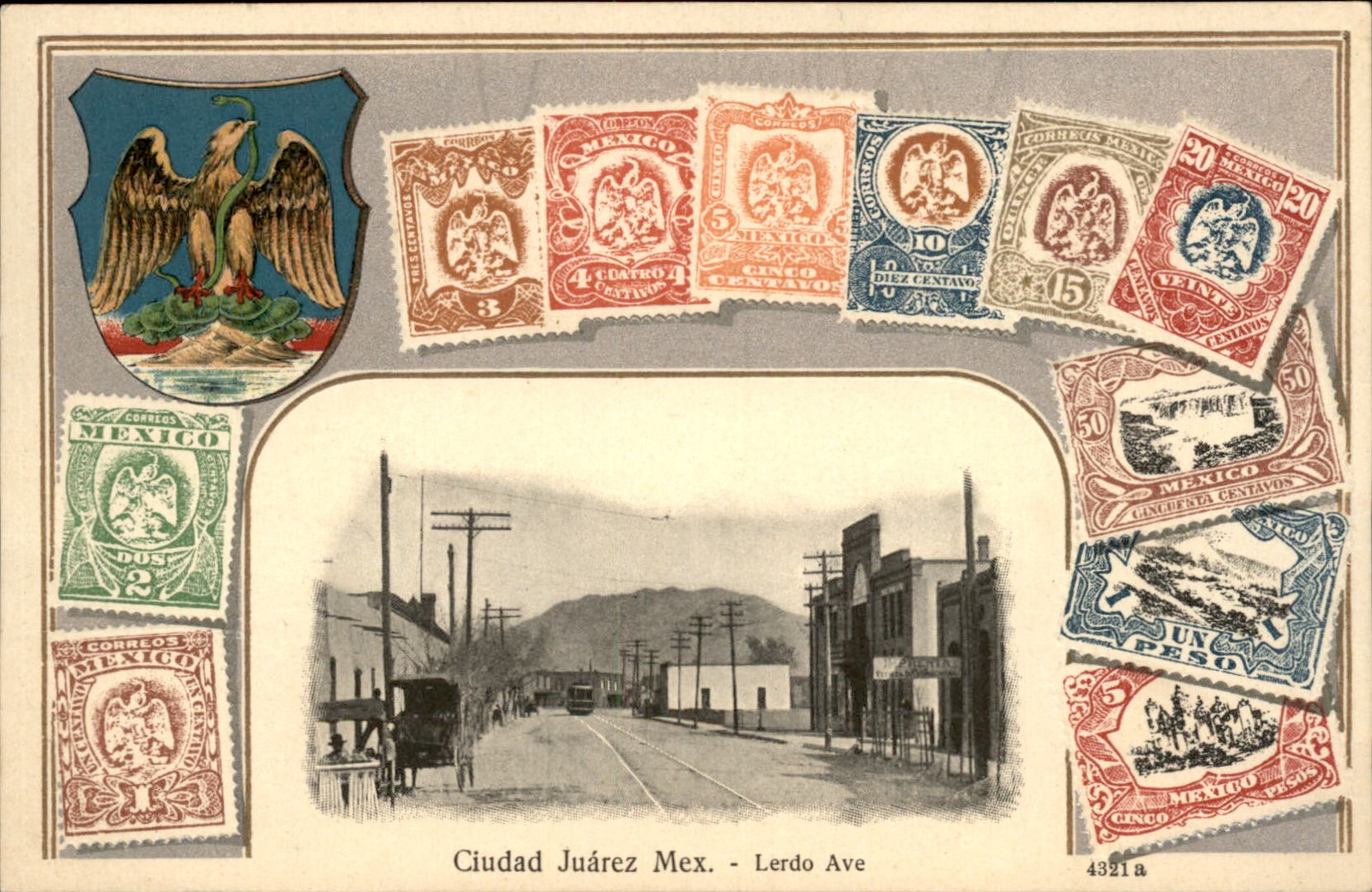 Ciudad Juarez Chihuahua Street Postage Stamp Border c1900s-10s Postcard bhn