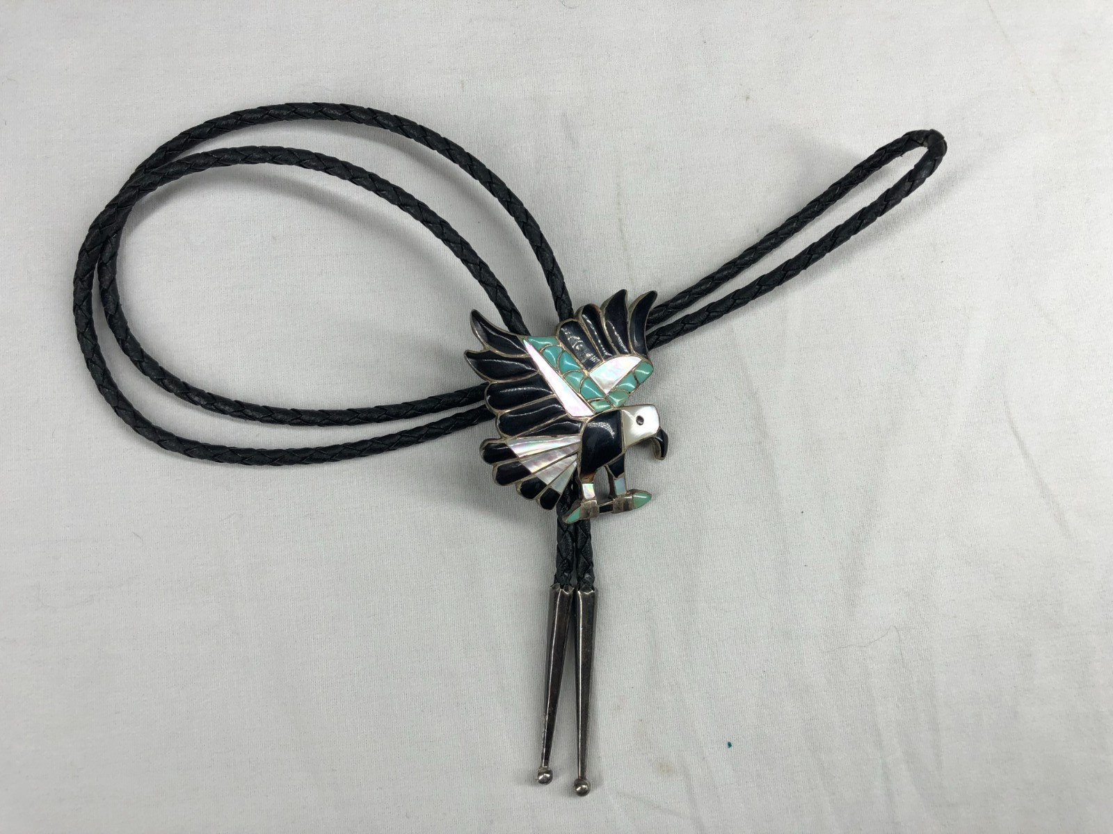 GREAT VINTAGE ZUNI MADE INLAYED EAGLE  BOLO TIE, TURQUOISE, MOTHER OF PEARL, JET