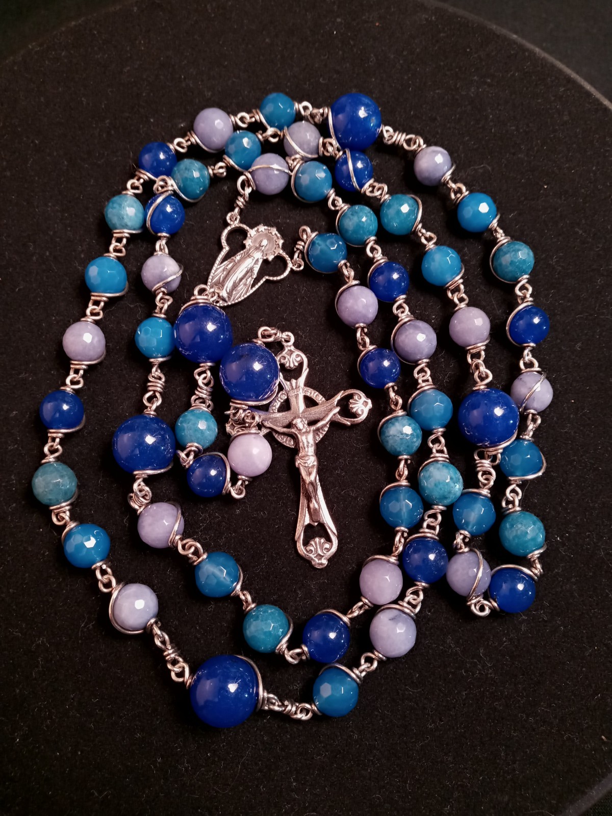 Genuine Sterling Silver Wire Wrap Blue Gray Aqua Quartz Opalite Handmade Rosary