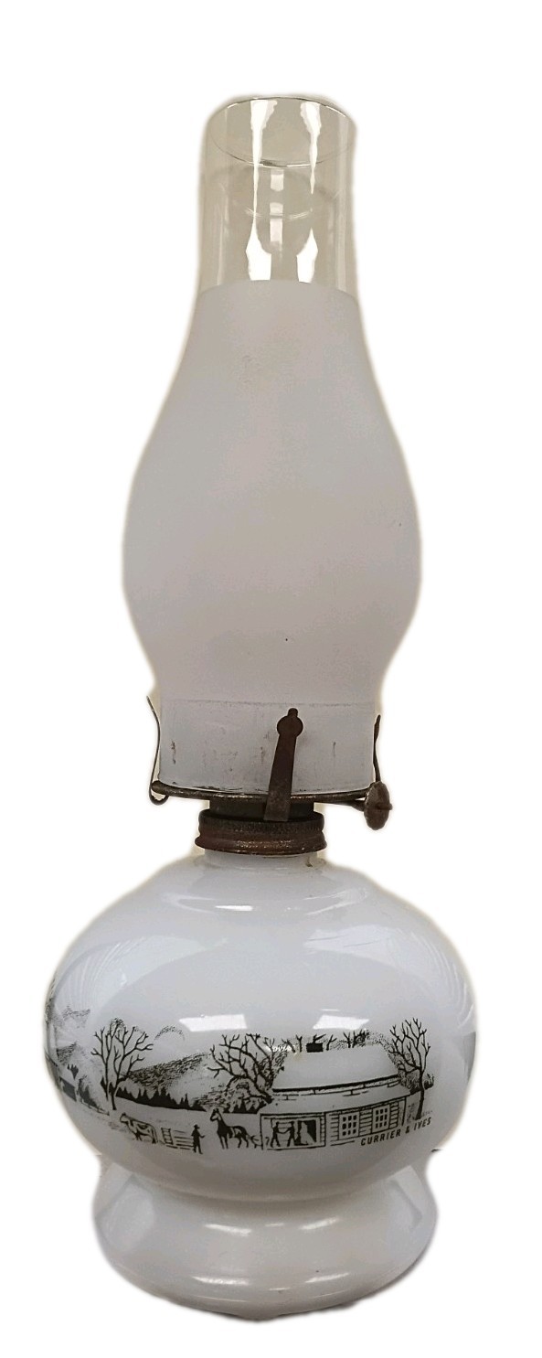 Antq Victorian Milk Glass Oil Lamp~Currier & Ives~Winter #0119 Farm~14.5”tall