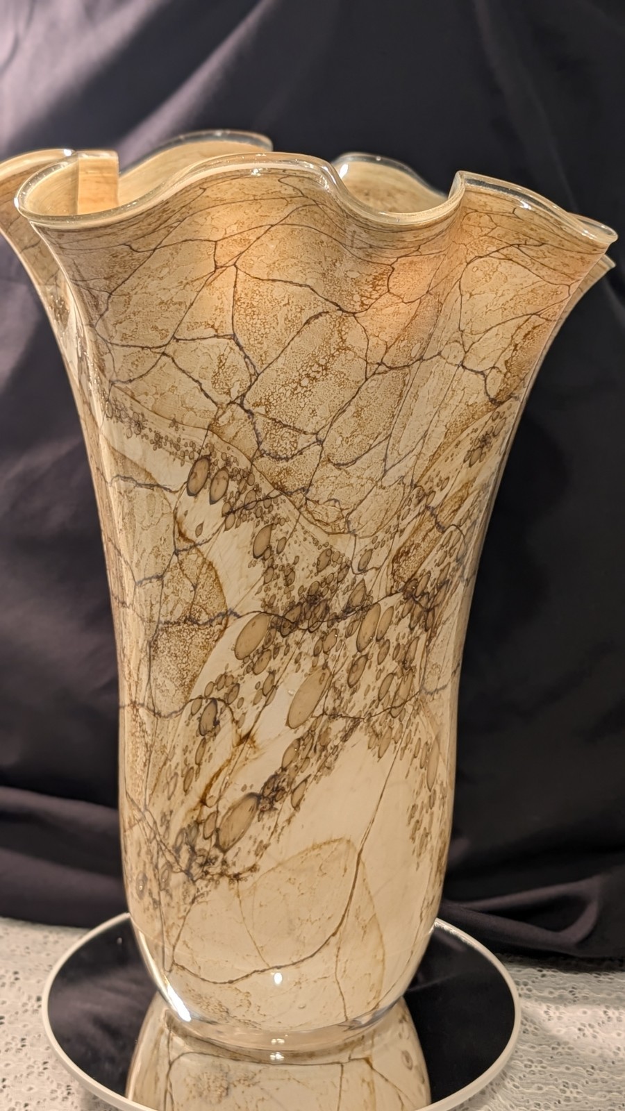 Jozefina Krosno Handblown Glass Handkerchief Vase Brown Tan Marble Polished Pont
