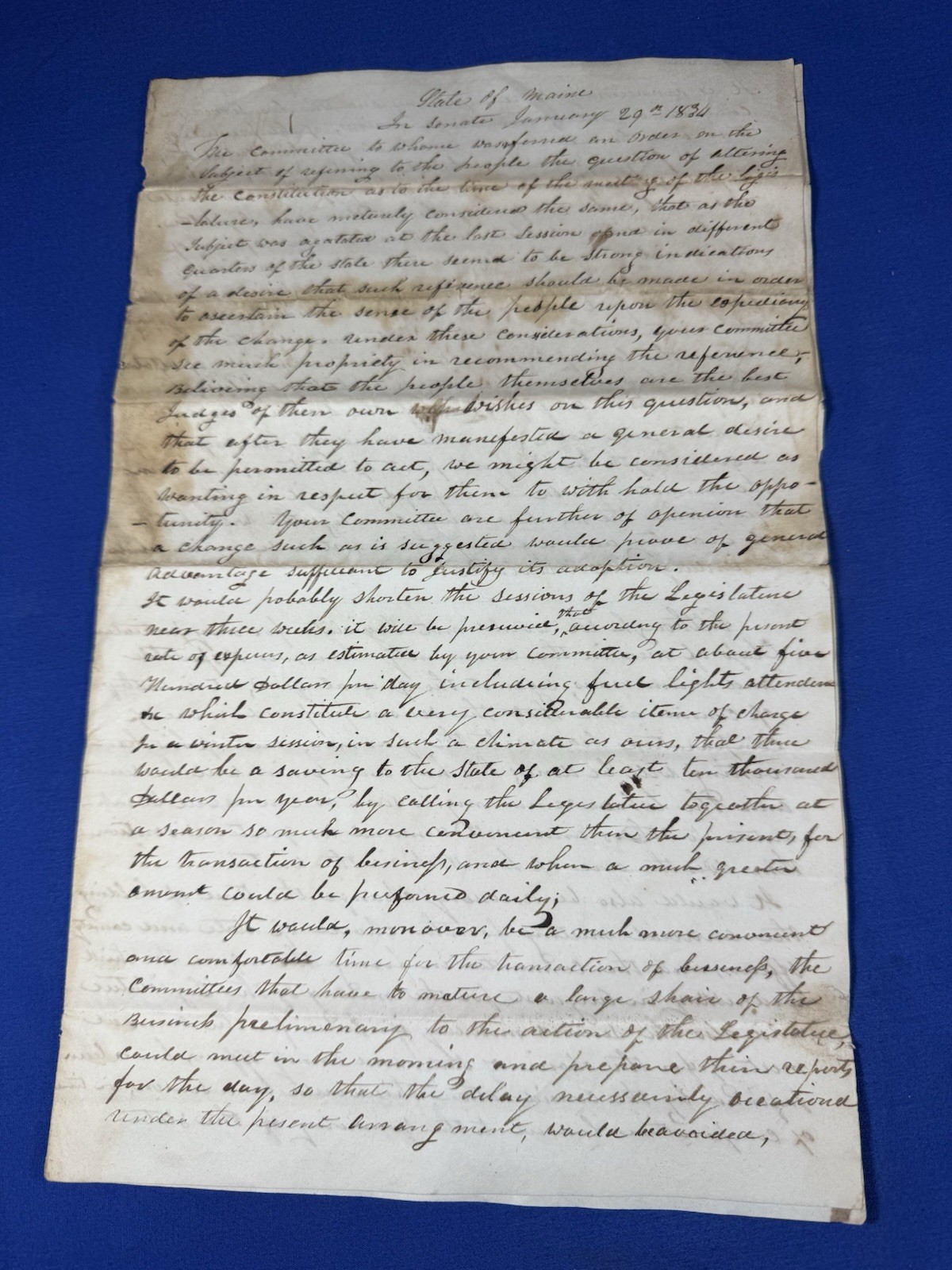 Jan 29, 1834 Handwritten Document ~ Maine Senate ~ Proposed First Amendment