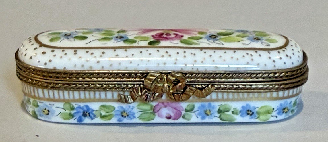 LIMOGES France PEINT MAIN Trinket Box-Rose Floral Ribbon & Bow *First Birthday*