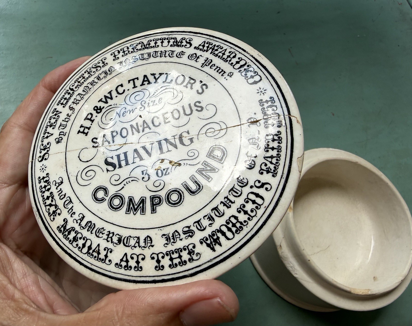 Antique 1800’s Taylor’s Shaving Worlds Fair 1851 Advertising Porcelain Jar