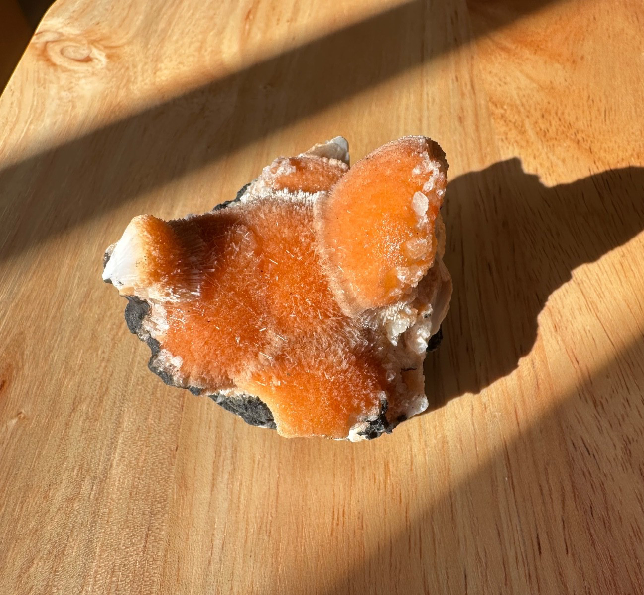 Bright Orange Thomsonite with Mesolite Crystals on Basalt Matrix