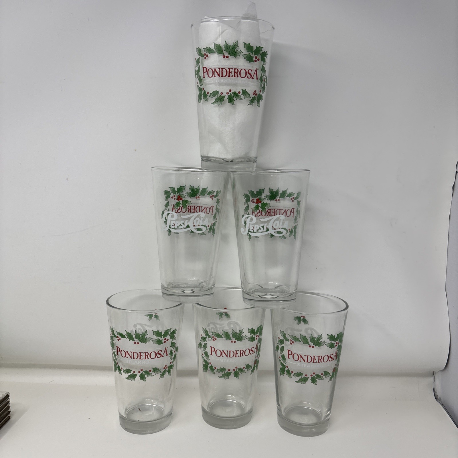 6 Vtg Ponderosa Steakhouse Pepsi Christmas Holly Glasses 16oz Libbey Pristine