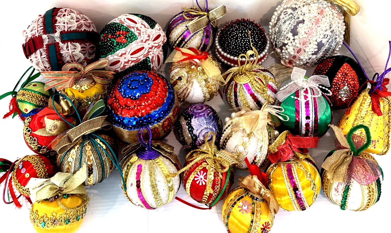VTG '60s Lot 24 Push Pin Christmas Ornaments Handmade Ornate Satin Beaded Jewels