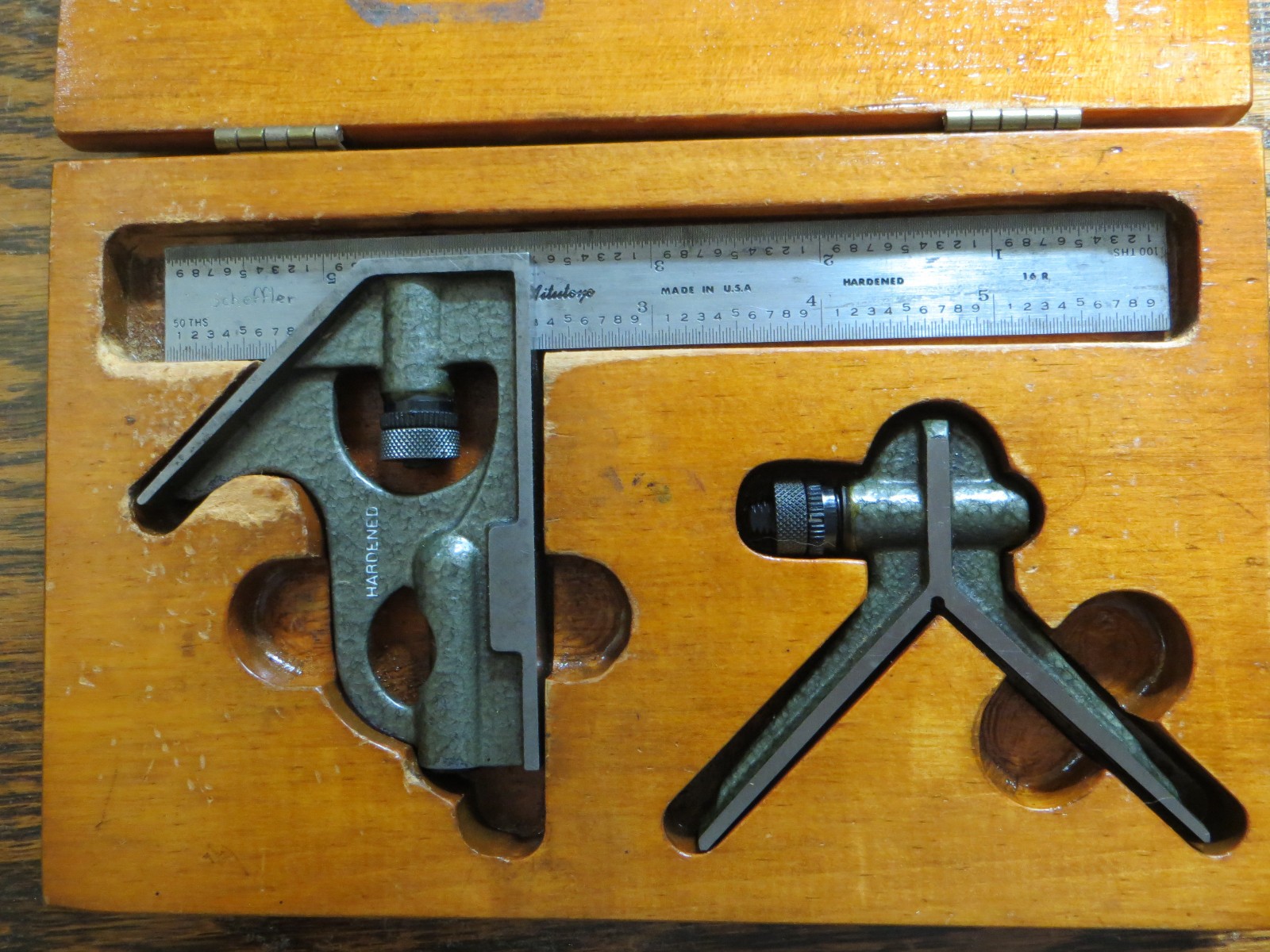 Vintage Mitutoyo Machinists Combination Square Ruler 6” No 180-402A w/ Pine Case