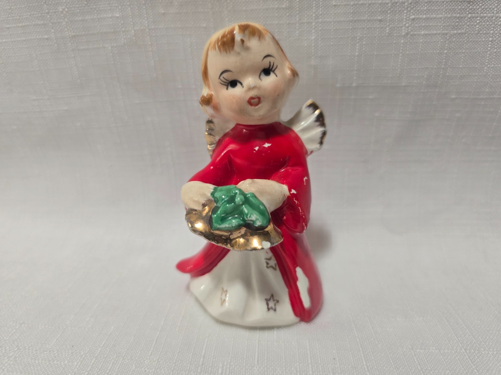 Vintage Angel Holding Gold Bells & Holly Christmas Figurine Japan