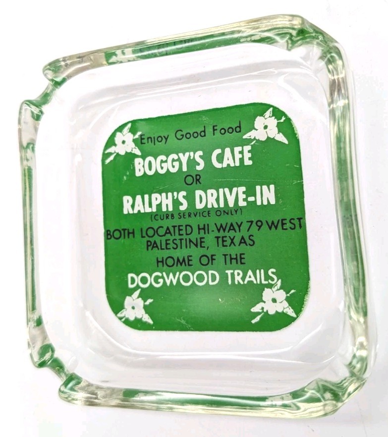 Vintage Texas Advertising Glass Ashtray Boggys Cafe Ralphs Drive In Palestine TX Vintage Texas Advertising Glass Ashtray Boggys Cafe Ralphs Drive In Palestine TX