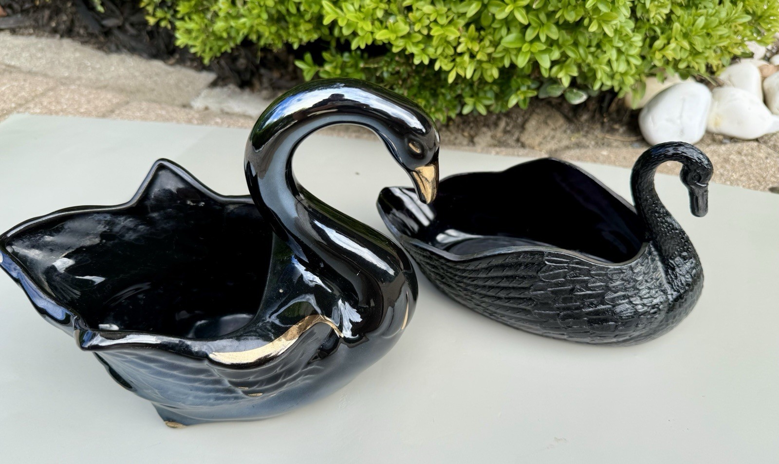 Pair of 2 Vintage Black Ceramic Glass Swan Dish Bowls Planters