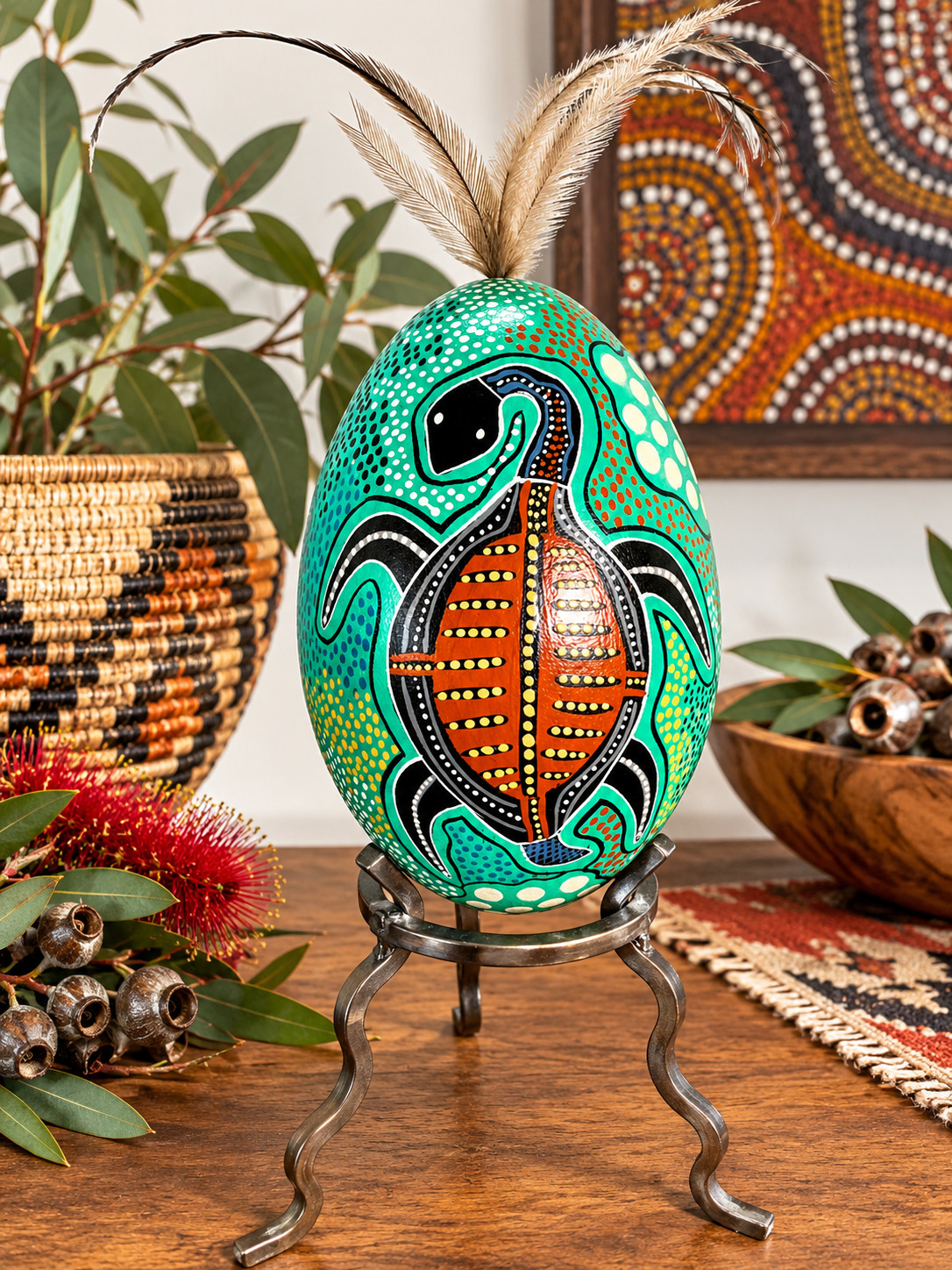 Vintage 1990s Hand-Painted Emu Egg, Indigenous Dot-Work, Turtle Art: Genuine Emu