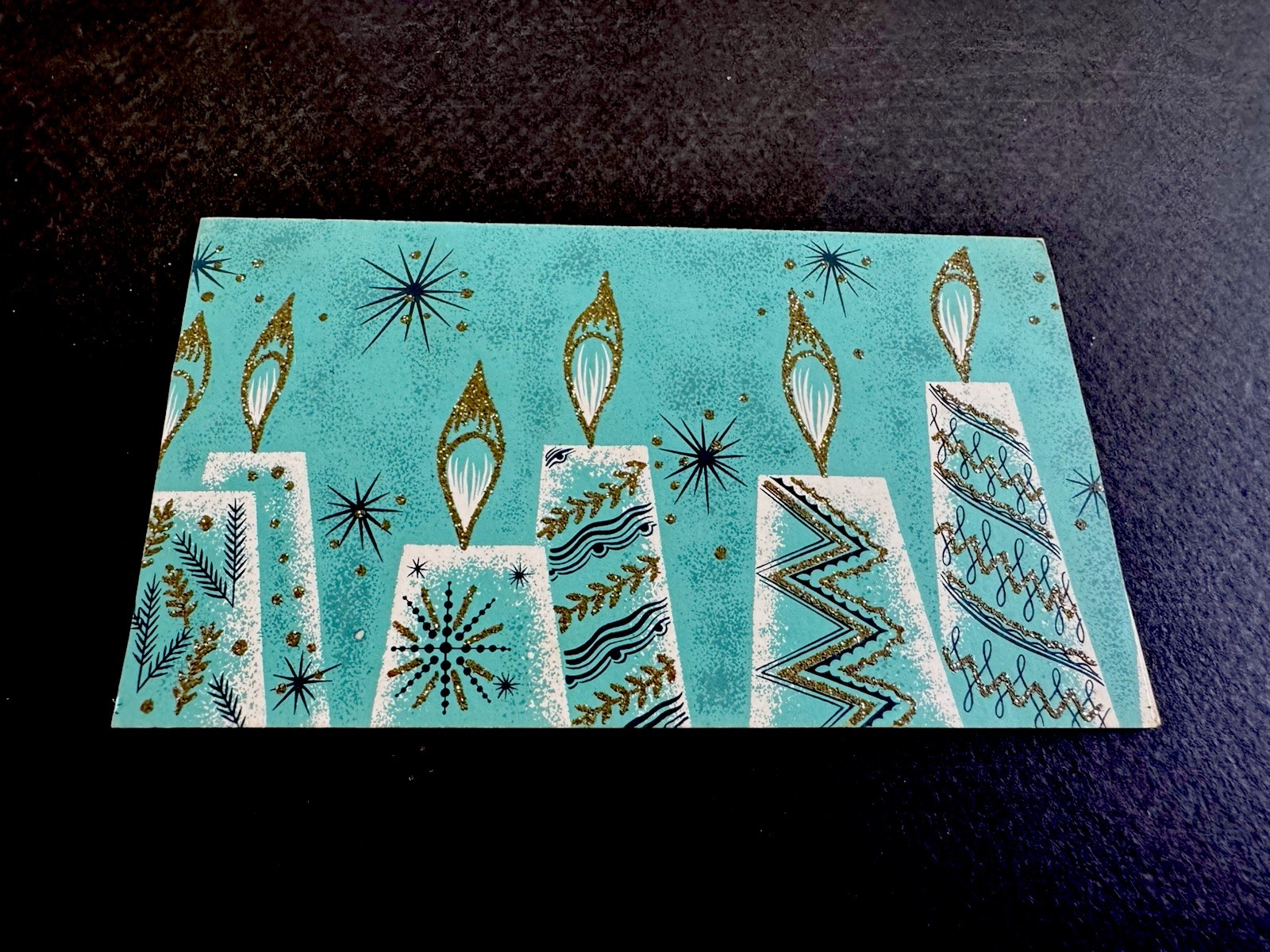 1 VTG MCM Glittered Barker Xmas Greeting Card Atomic Candles in Blue/Teal Tones