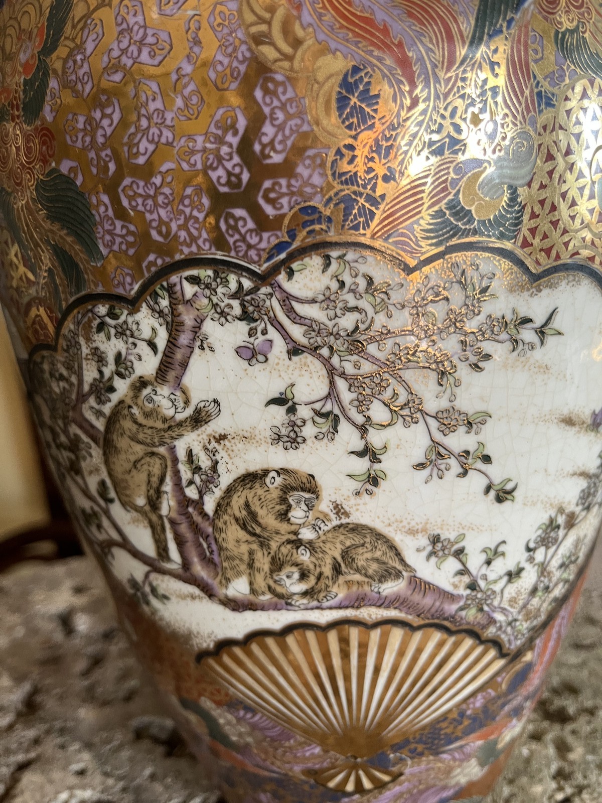 Very Detailed Gold Rich Vase Japanese Satsuma Porcelain w Monkeys, Birds, People