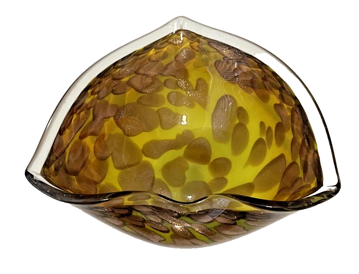 VTG MCM Fratelli Toso Art Glass Heart Bowl Dish Murano Copper Aventurine Yellow