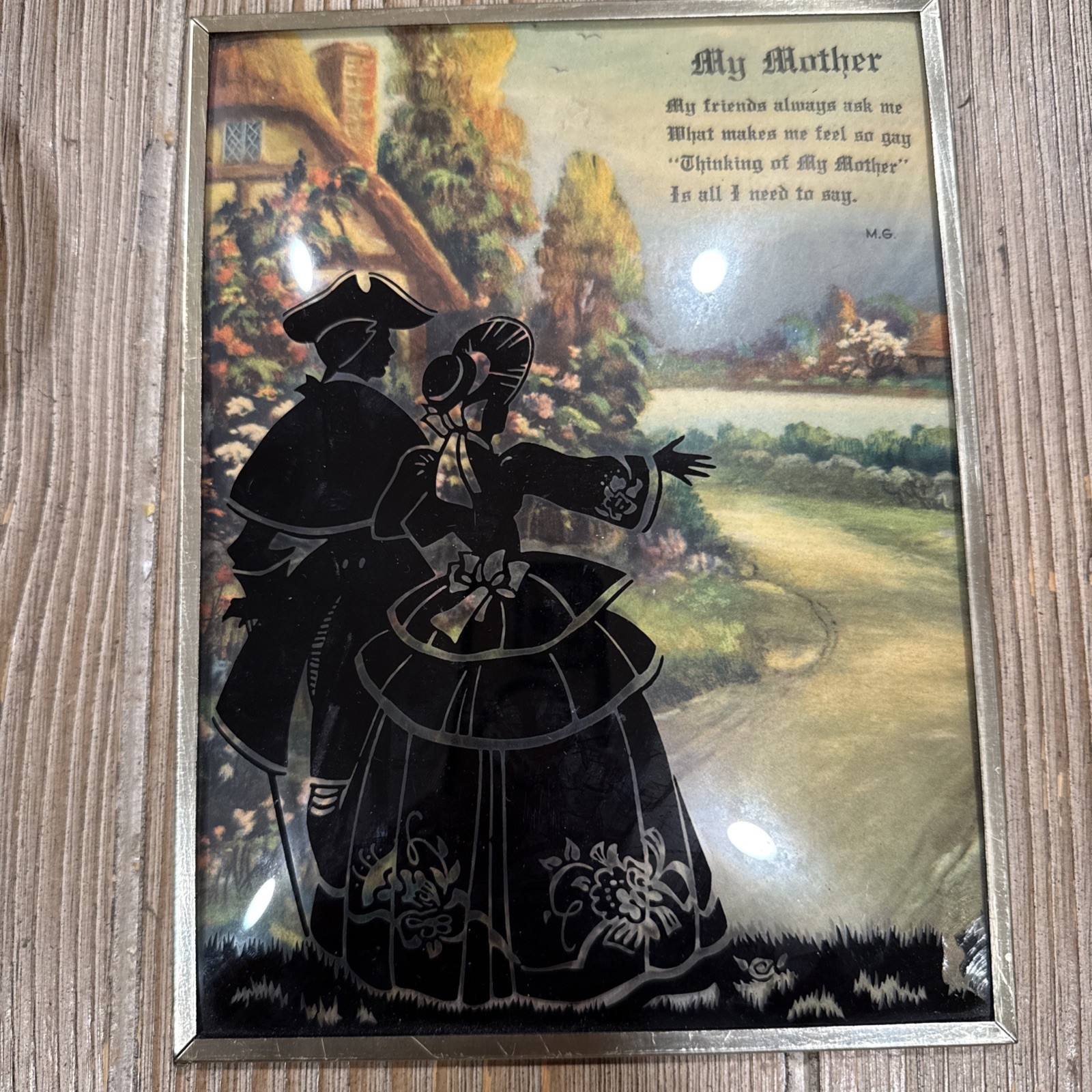 MCM 1940s Reverse Painted Convex Bubble Glass Silhouette Mother Poem 6x8 Vintage MCM 1940s Reverse Painted Convex Bubble Glass Silhouette Mother Poem 6x8 Vintage