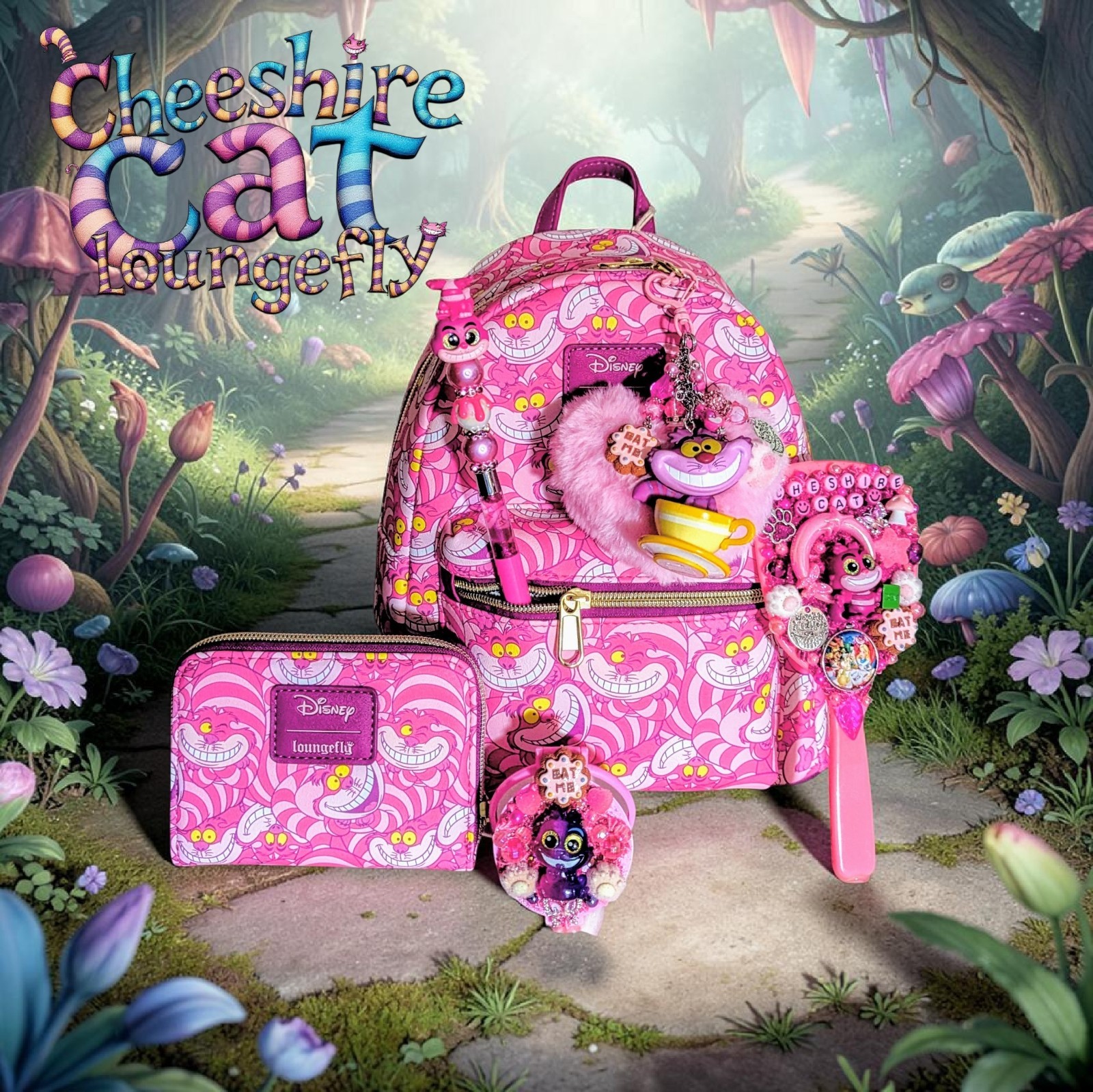 NWT Loungefly Disneys Cheshire cat  Mini Backpack, Wallet, Pen, Mirrors & Charm