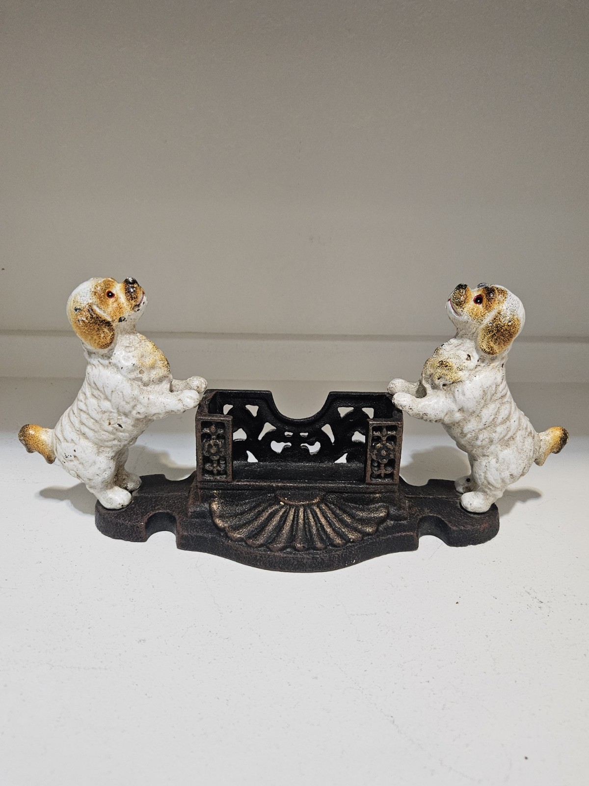 Antique Cast Iron Cavalier King Charles Spaniel Dog Business Card Holder Vintage