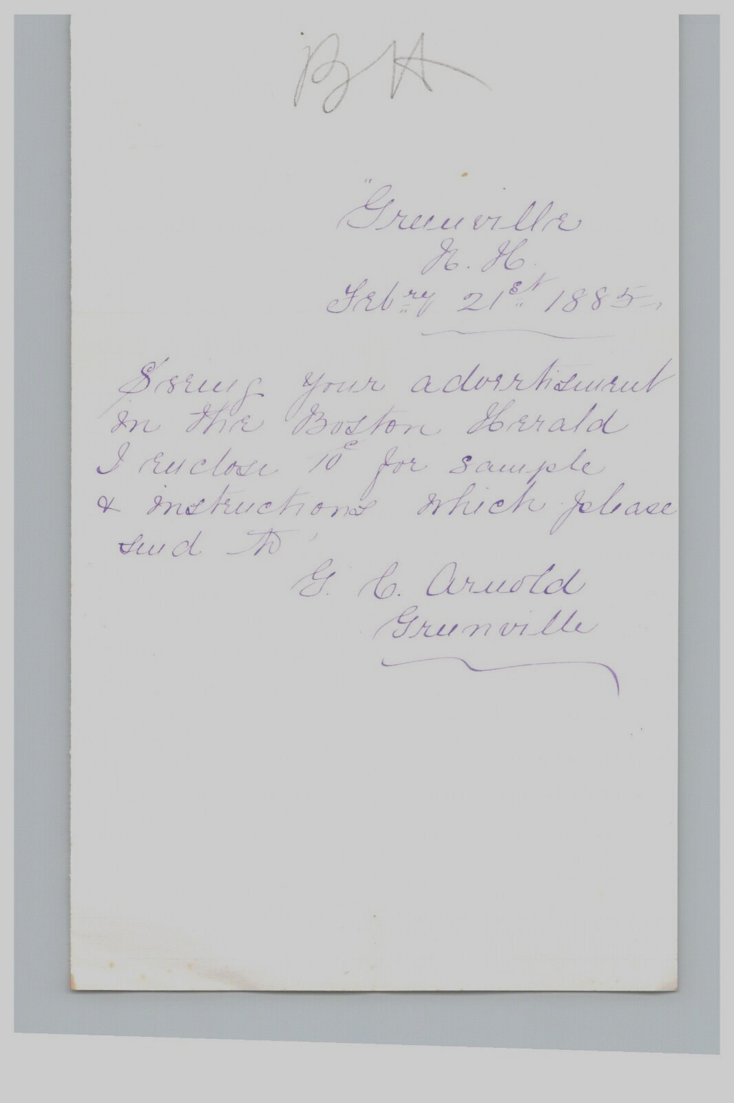 1885 Handwritten Letter GC Arnold Greenville NH New Hampshire Family History