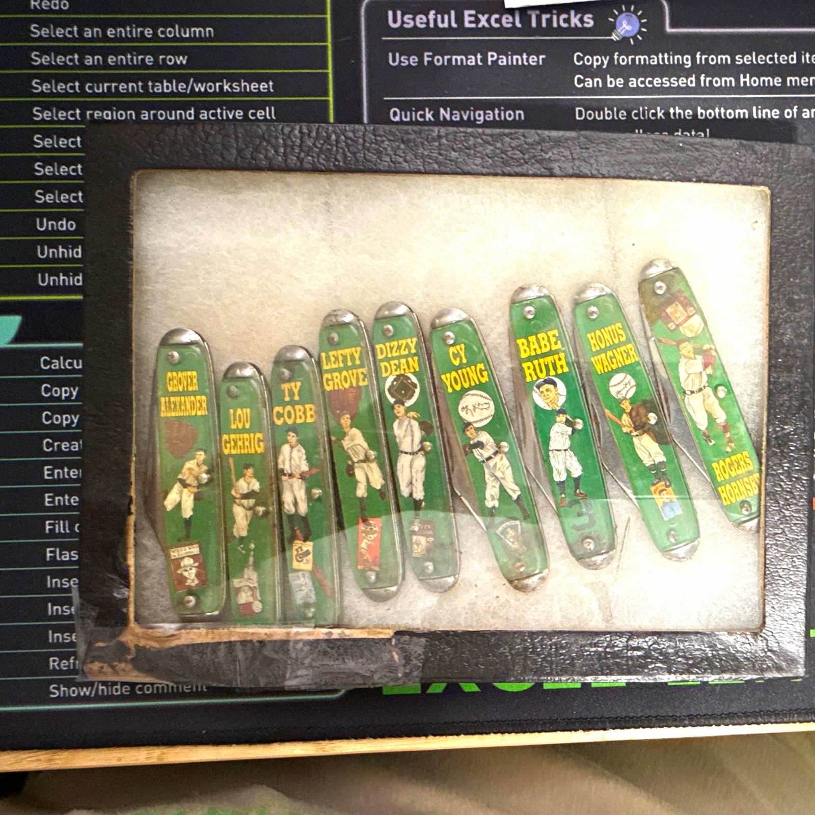 Vintage Baseball Player Pocketknife Set, Green Plastic, Stainless, Display Case